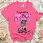 Pink t-shirt for a Nashville bachelorette party featuring cowboy boot and "Her Last Rodeo" text.
