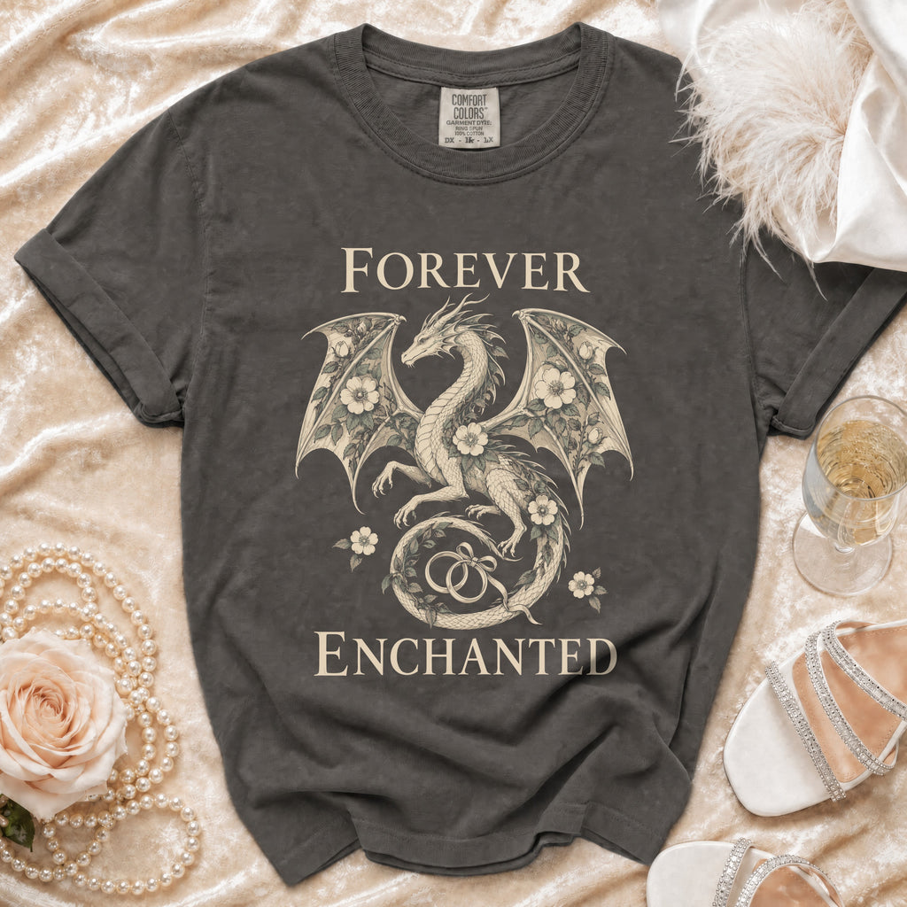 Grey t-shirt with dragon design, wedding rings, and "Forever Enchanted" text.
