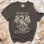 Grey t-shirt with dragon design, wedding rings, and "Forever Enchanted" text.