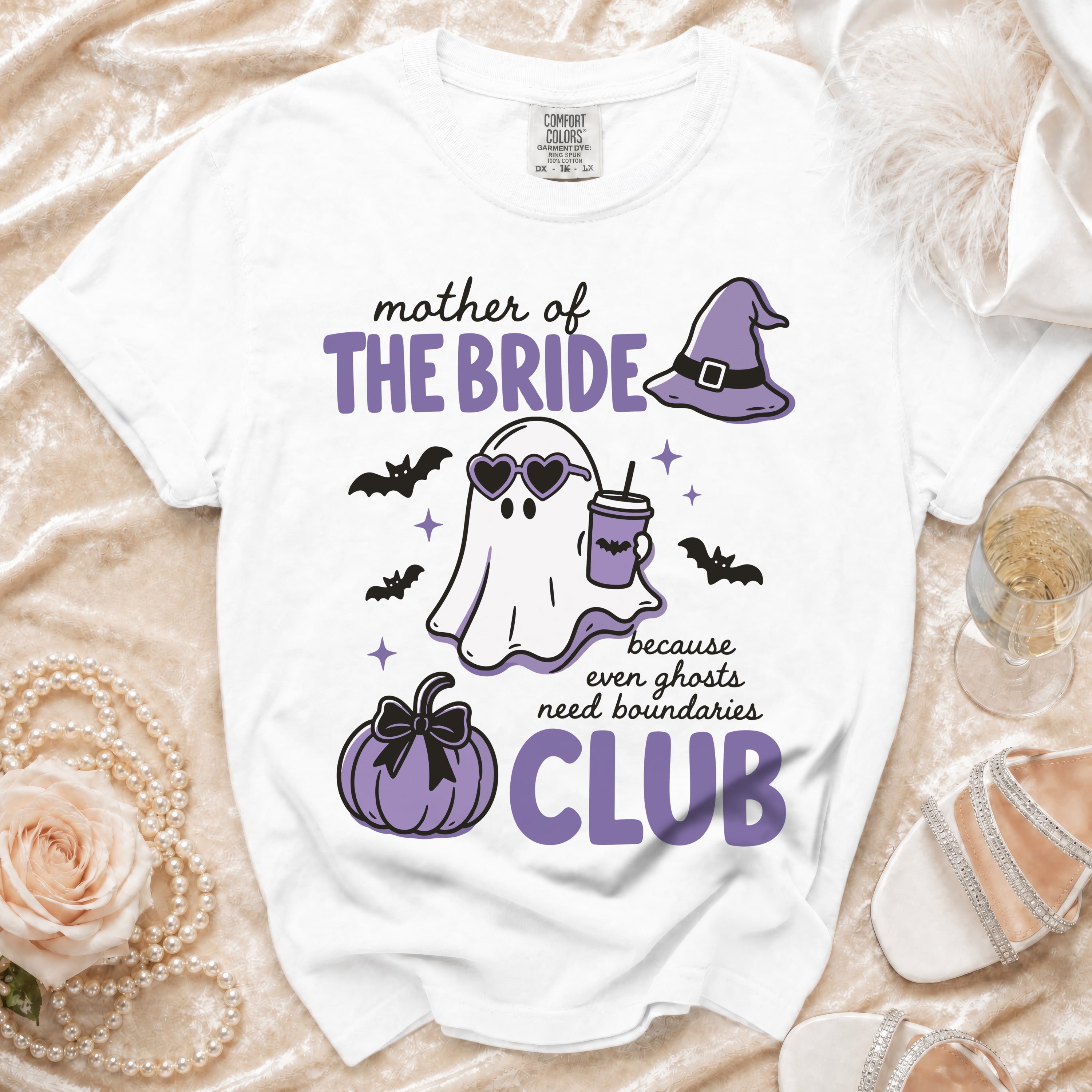White t-shirt with "mother of THE BRIDE CLUB" text and Halloween-themed ghost graphic.