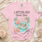 Pink t-shirt with "Last Splash Sarah's Bach" design featuring flamingos and women in pool.