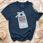Navy t-shirt with a "HONEY MOON in progress" tag graphic.