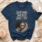 Navy t-shirt with "Something Wicked Said I Do" graphic featuring skull in mirror.