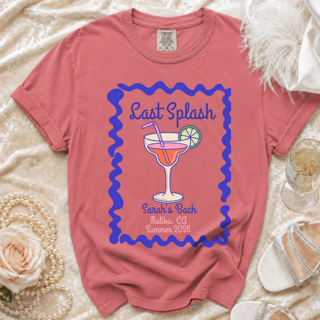 T-shirt with "Last Splash" and beach cocktail graphic.
