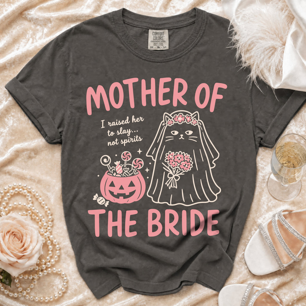 Dark gray t-shirt with "MOTHER OF THE BRIDE" text, cat bride, and candy.