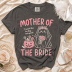 Dark gray t-shirt with "MOTHER OF THE BRIDE" text, cat bride, and candy.