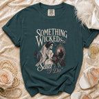 T-shirt with skeleton bride graphic and "Something Wicked Said 'I Do'" text.