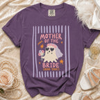 Purple t-shirt with "Mother of the Bride (Boo-Yah!)" graphic featuring a ghost.