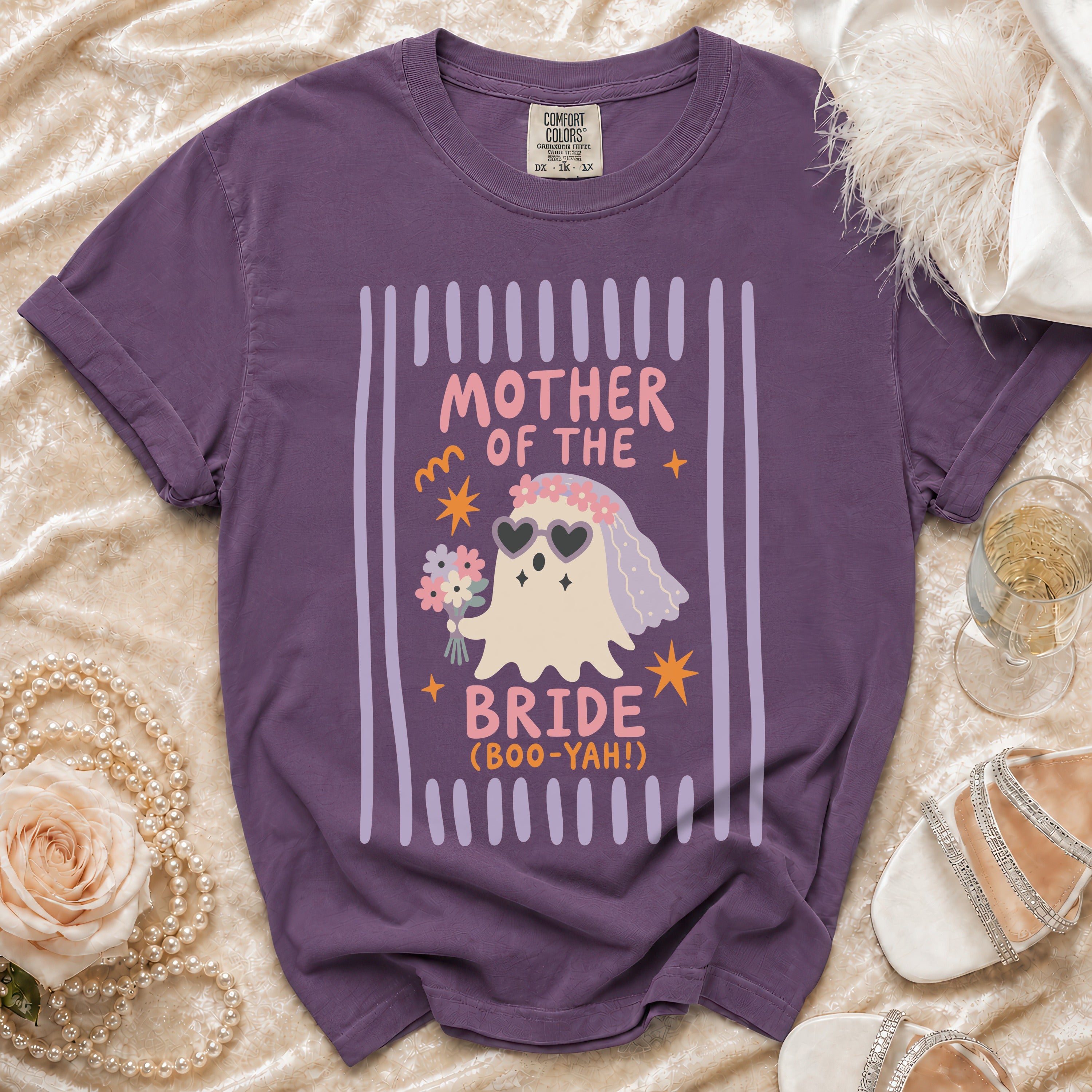 Purple t-shirt with "Mother of the Bride (Boo-Yah!)" graphic featuring a ghost.