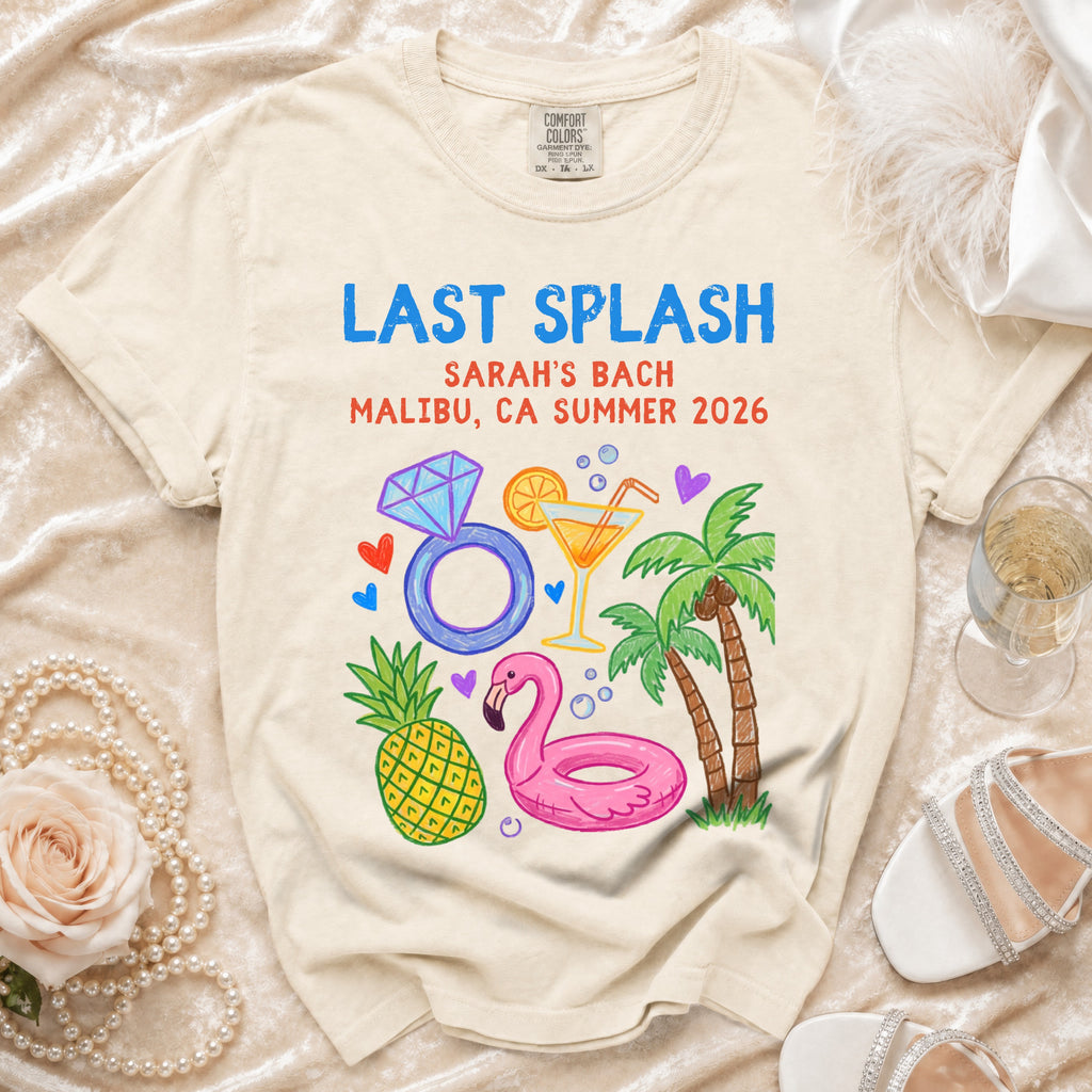 T-shirt with "Last Splash Sarah's Bach Malibu CA Summer 2026" and party graphics.