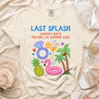 T-shirt with "Last Splash Sarah's Bach Malibu CA Summer 2026" and party graphics.