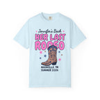 Light blue t-shirt with "Jennifer's Bach Her Last Rodeo" text and a cowboy boot.