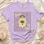 Lavender t-shirt with a ghost graphic that reads "Bride of Boo".