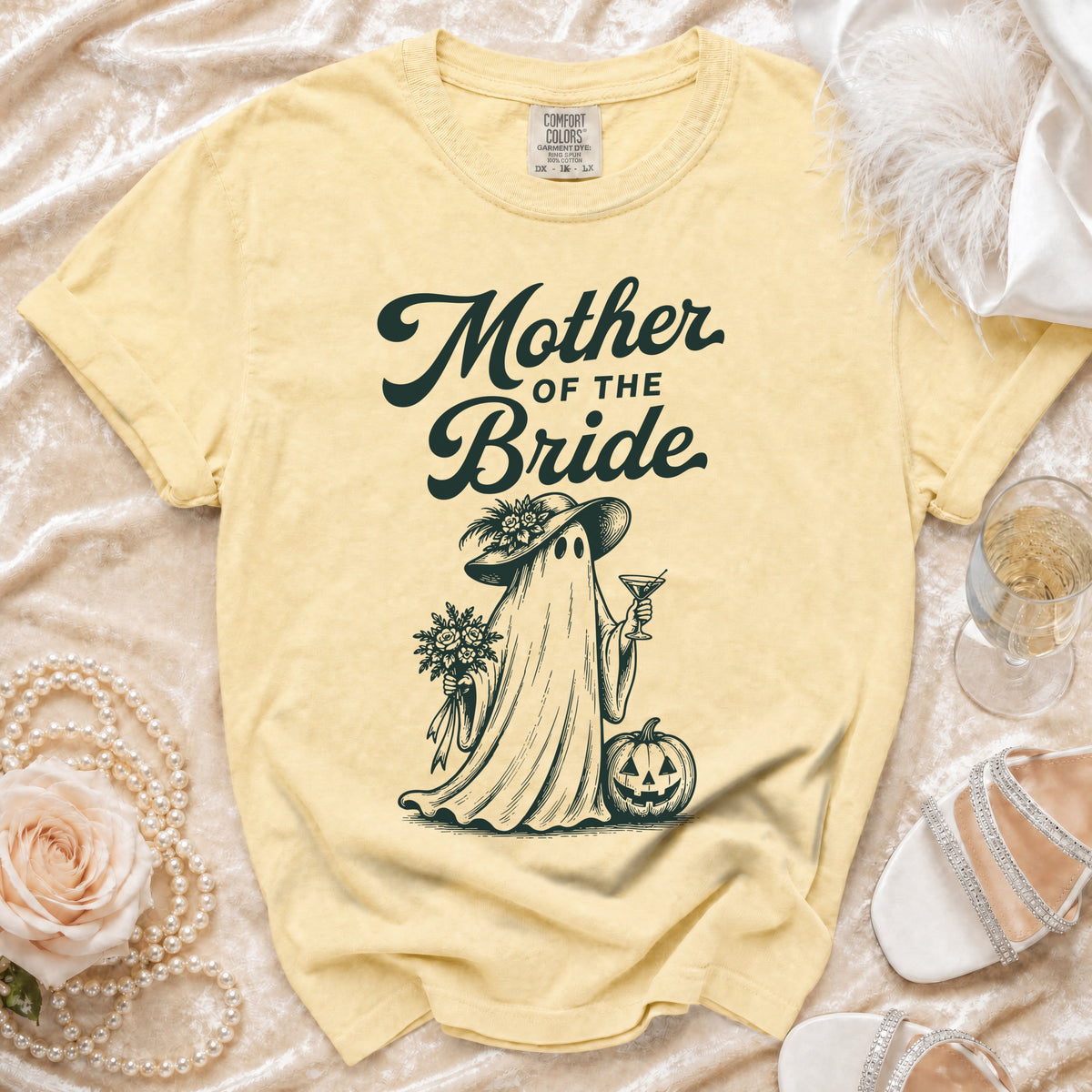 Yellow t-shirt with "Mother of the Bride" text and ghost graphic.