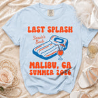 Light blue t-shirt with "LAST SPLASH Sarah's Bach MALIBU, GA SUMMER 2026" text.