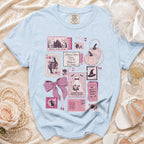 Light blue t-shirt with a graphic print of wedding-themed spooky illustrations and text.