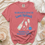 Coral t-shirt with "Sarah's Bach Last Splash Malibu, CA Summer 2026" text and champagne graphic.