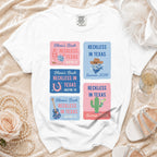 White t-shirt with "Reckless in Texas" and Austin, TX graphics.