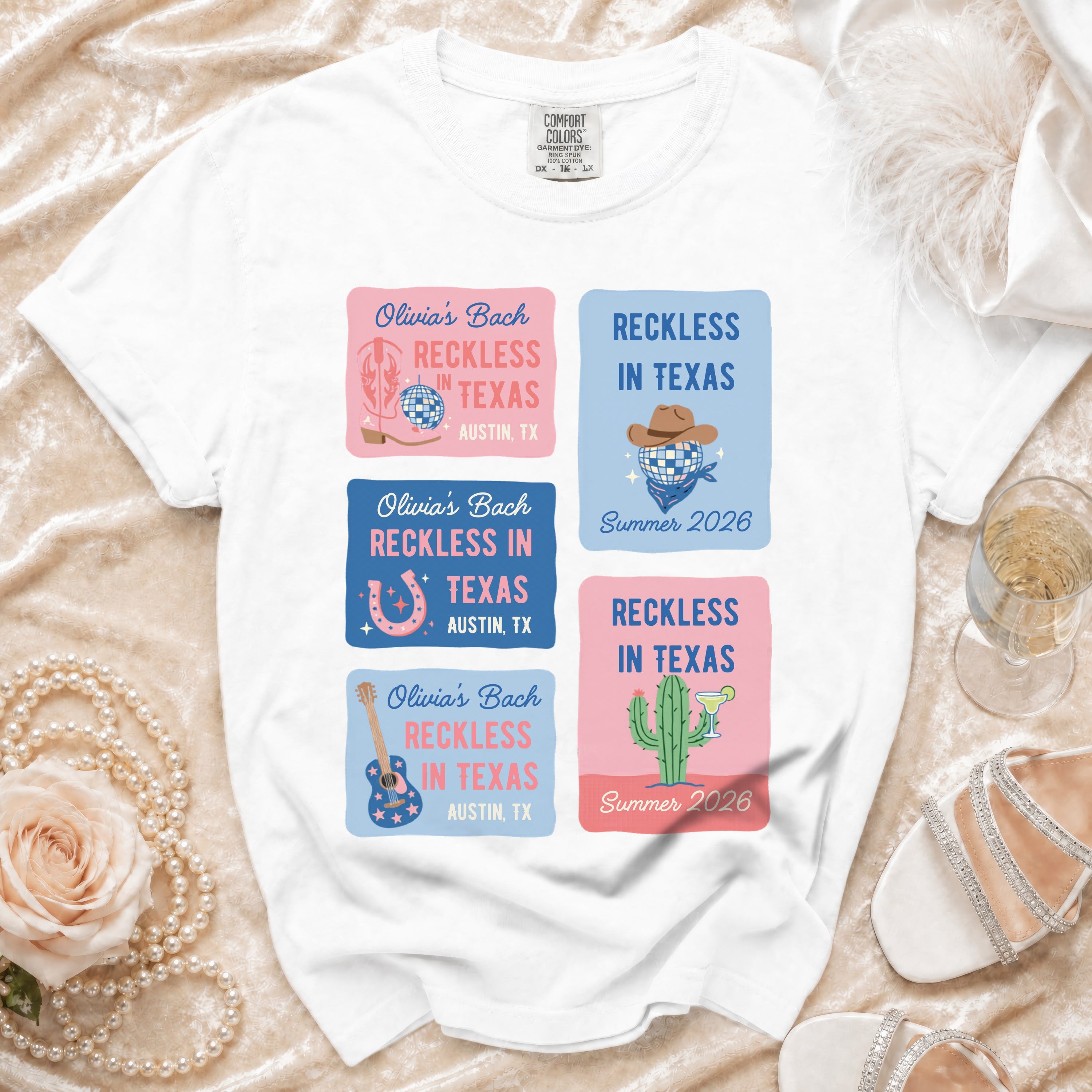 White t-shirt with "Reckless in Texas" and Austin, TX graphics.