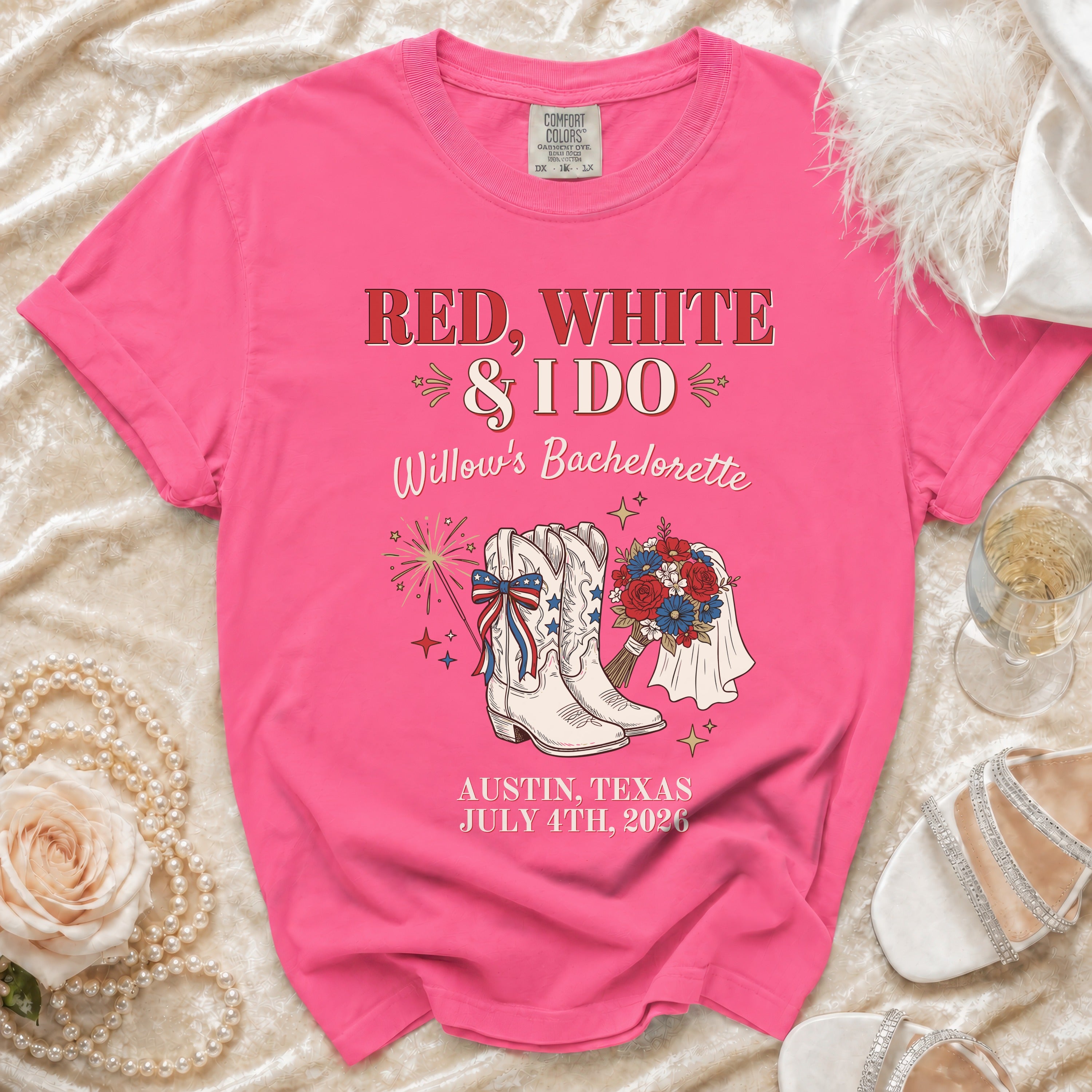 Pink t-shirt for Willow's Bachelorette with patriotic graphics and event details.