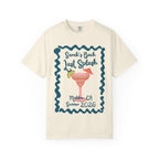 Cream t-shirt with "Sarah's Bach Last Splash Malibu, CA Summer 2026" and cocktail graphic.
