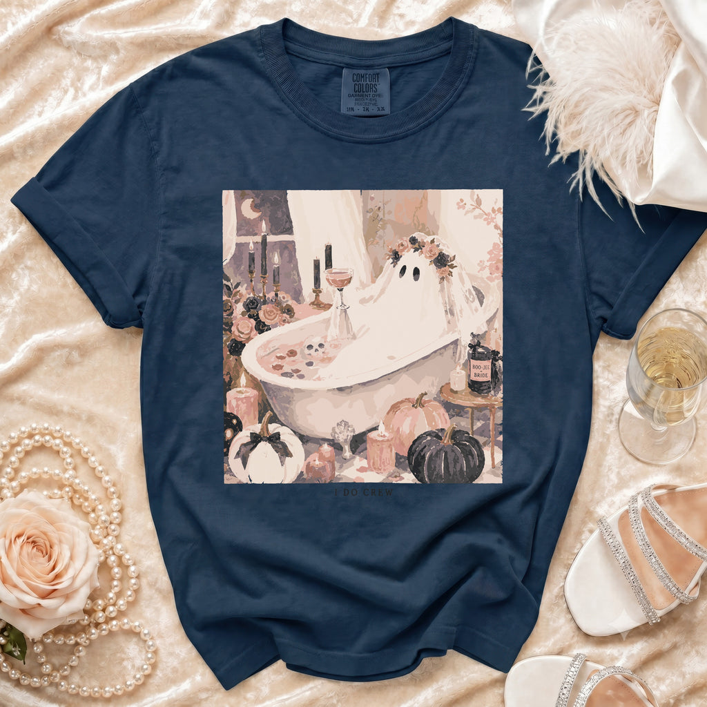 Navy t-shirt with a ghost in a bathtub graphic, "Boo-Jee Bride" text.