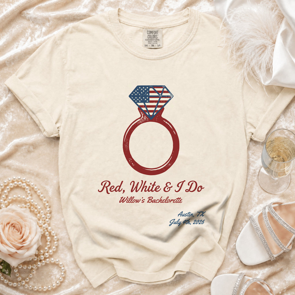 Red, White & I Do Bachelorette ring design with American flag diamond.