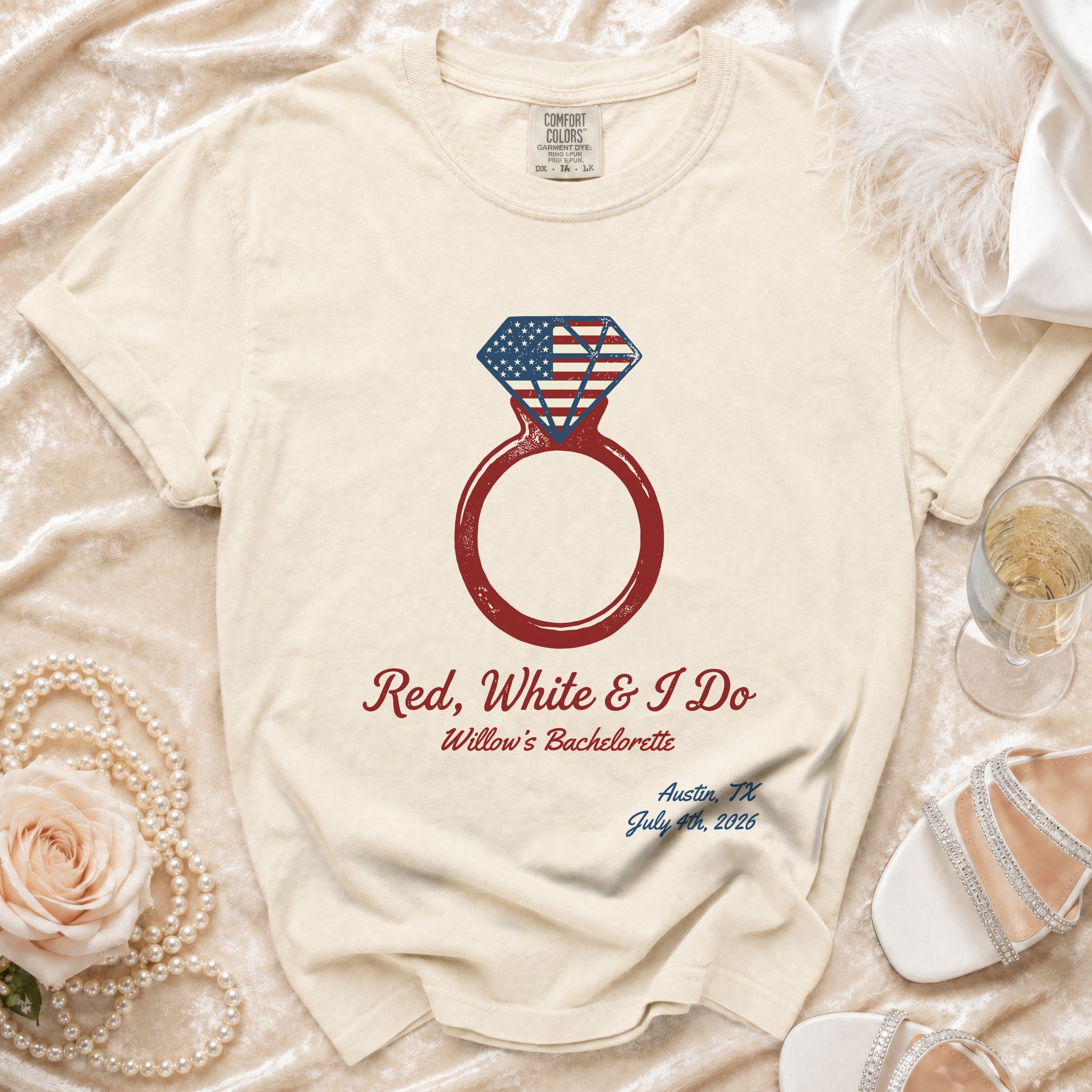 Red, White & I Do Bachelorette ring design with American flag diamond.