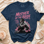 Dark blue t-shirt with "Mother of the Bride" text and a skeletal bride graphic.