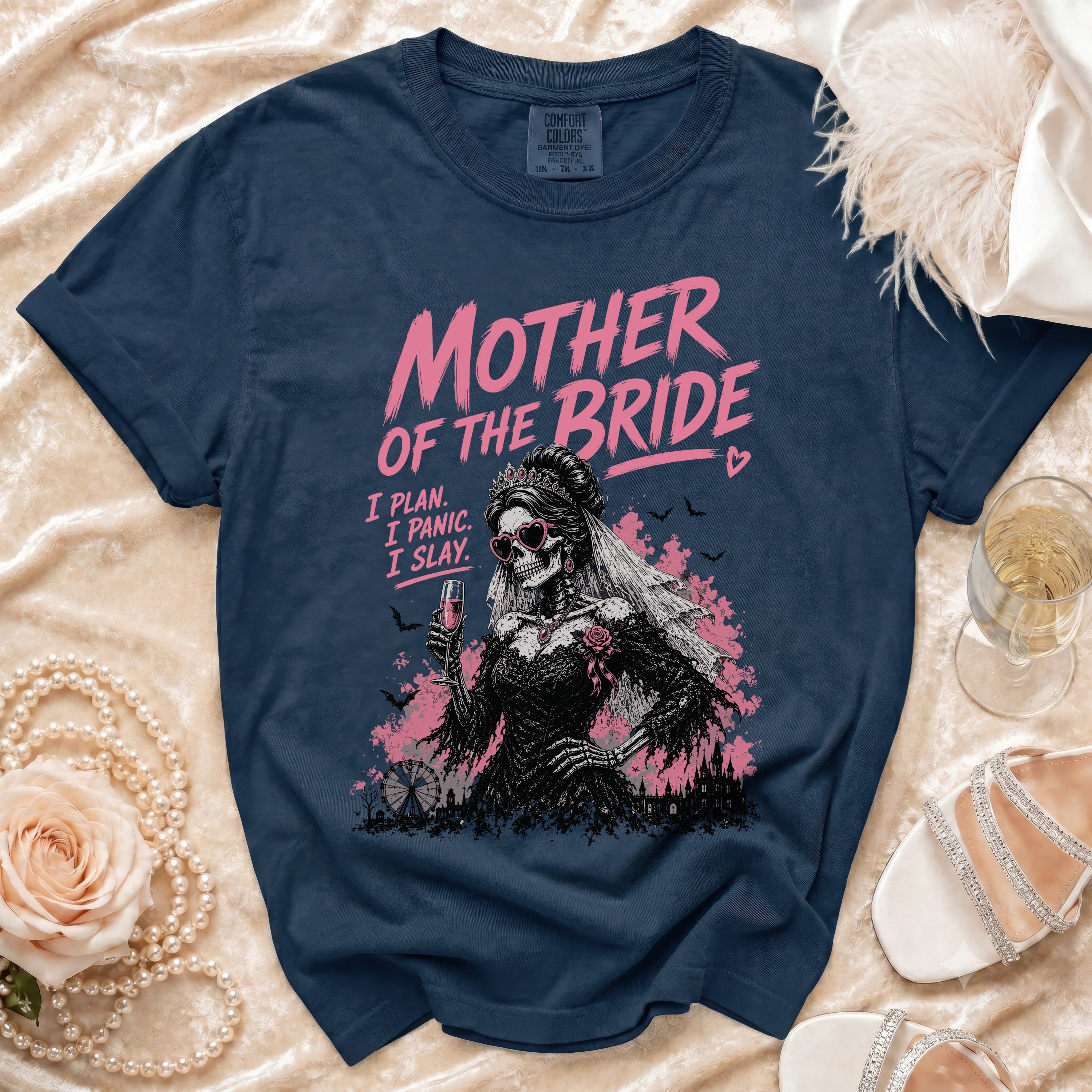 Dark blue t-shirt with "Mother of the Bride" text and a skeletal bride graphic.