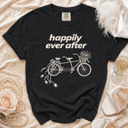 Black t-shirt with "happily ever after" text and tandem bicycle graphic.