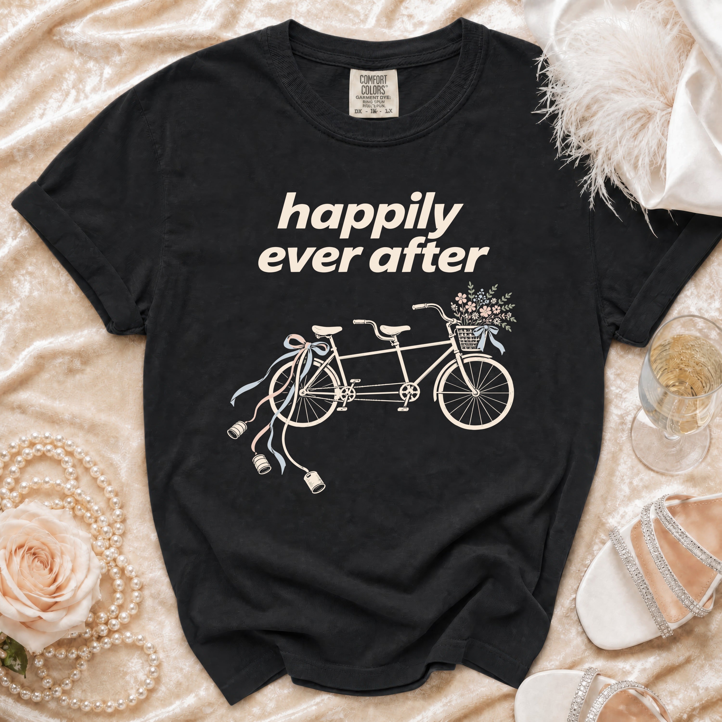 Black t-shirt with "happily ever after" text and tandem bicycle graphic.