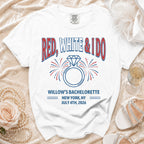 White t-shirt with "Red, White & I Do" and bachelorette details.