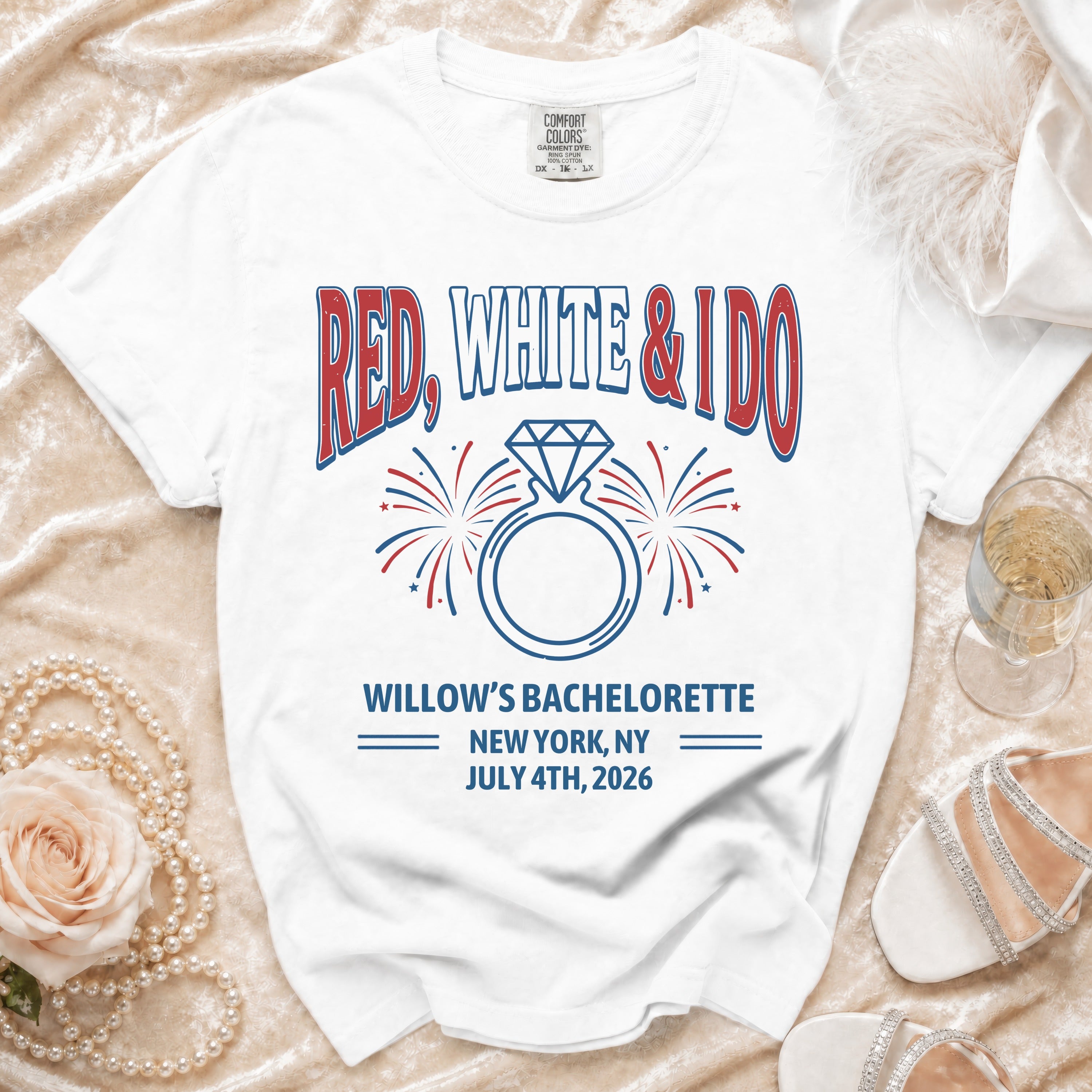 White t-shirt with "Red, White & I Do" and bachelorette details.
