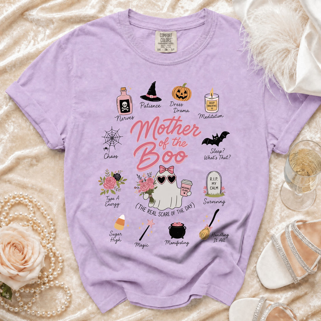 Purple t-shirt with "Mother of the Boo" and Halloween-themed icons and words.