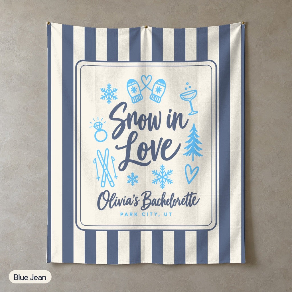 Snow In Love personalized wall tapestry in portrait, Blue Jean