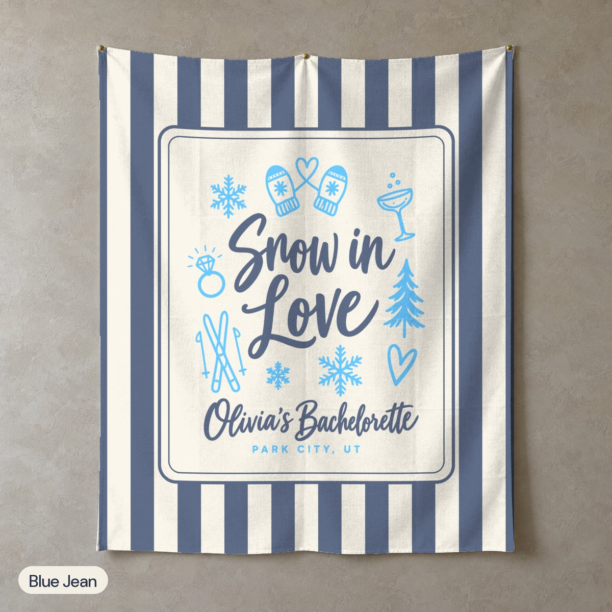 Snow In Love personalized wall tapestry in portrait, Blue Jean