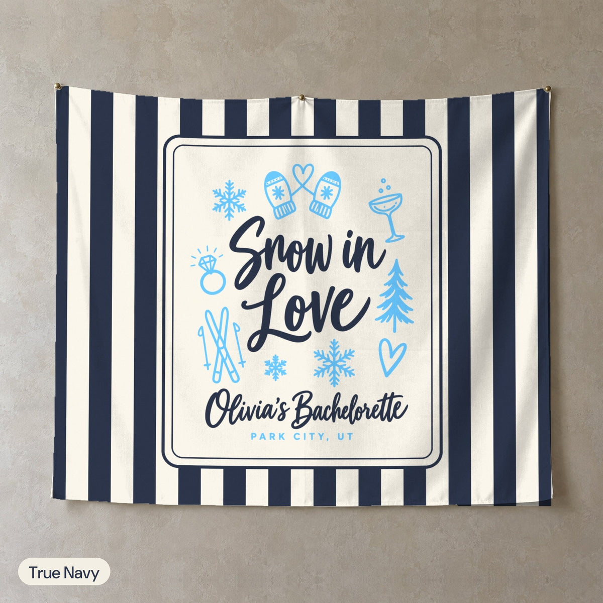 Snow In Love personalized wall tapestry, True Navy stripes