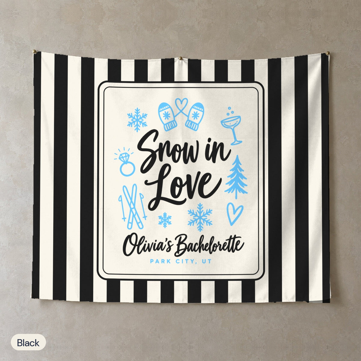 Snow In Love personalized wall tapestry, Black stripes