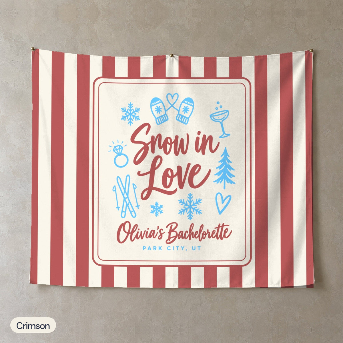 Snow In Love personalized wall tapestry, Crimson stripes