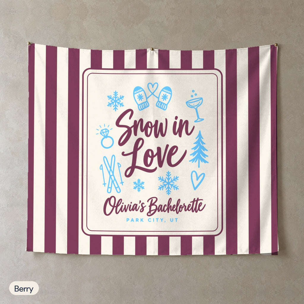 Snow In Love personalized wall tapestry, Berry stripes