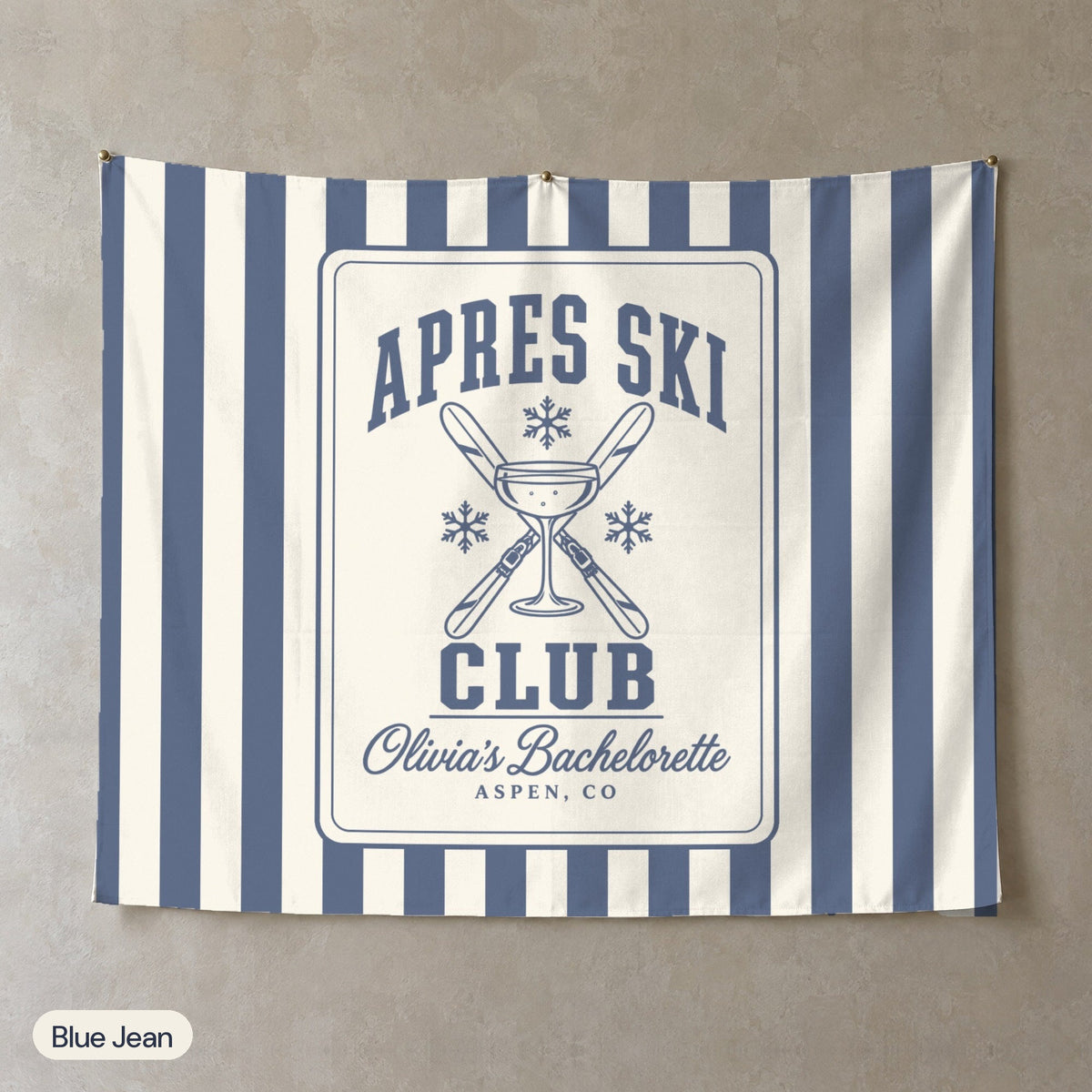 Apres Ski Club personalized wall tapestry, Blue Jean stripes