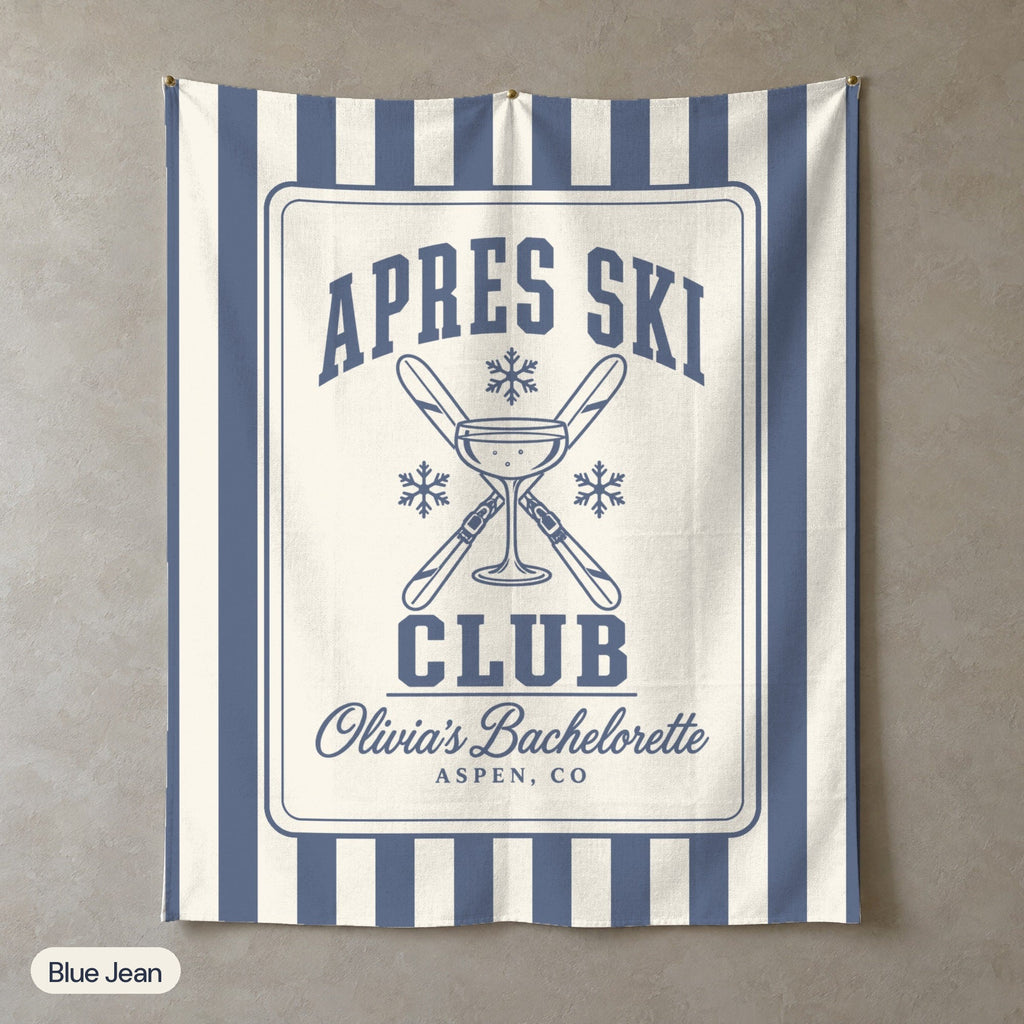 Apres Ski Club personalized wall tapestry in portrait, Blue Jean