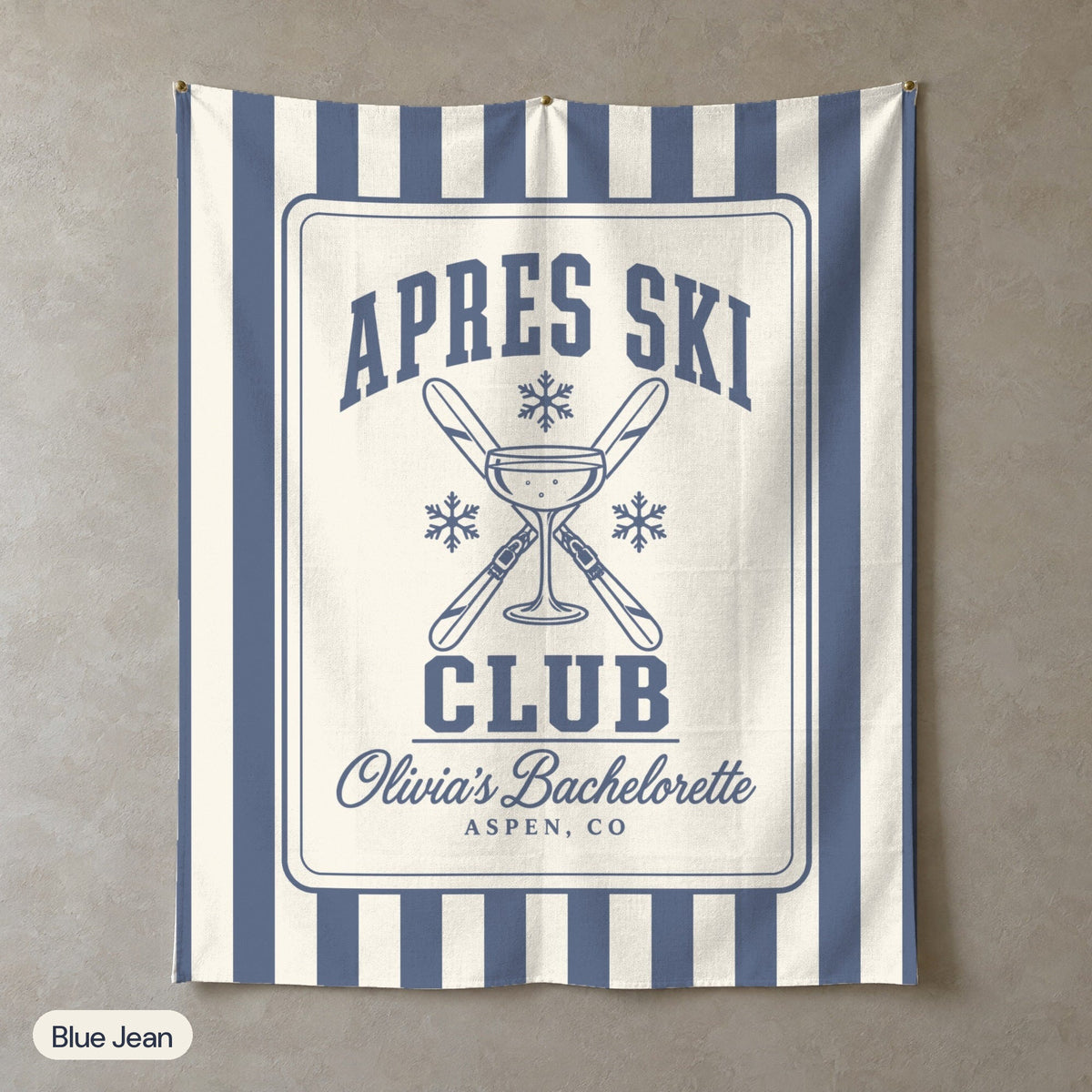 Apres Ski Club personalized wall tapestry in portrait, Blue Jean
