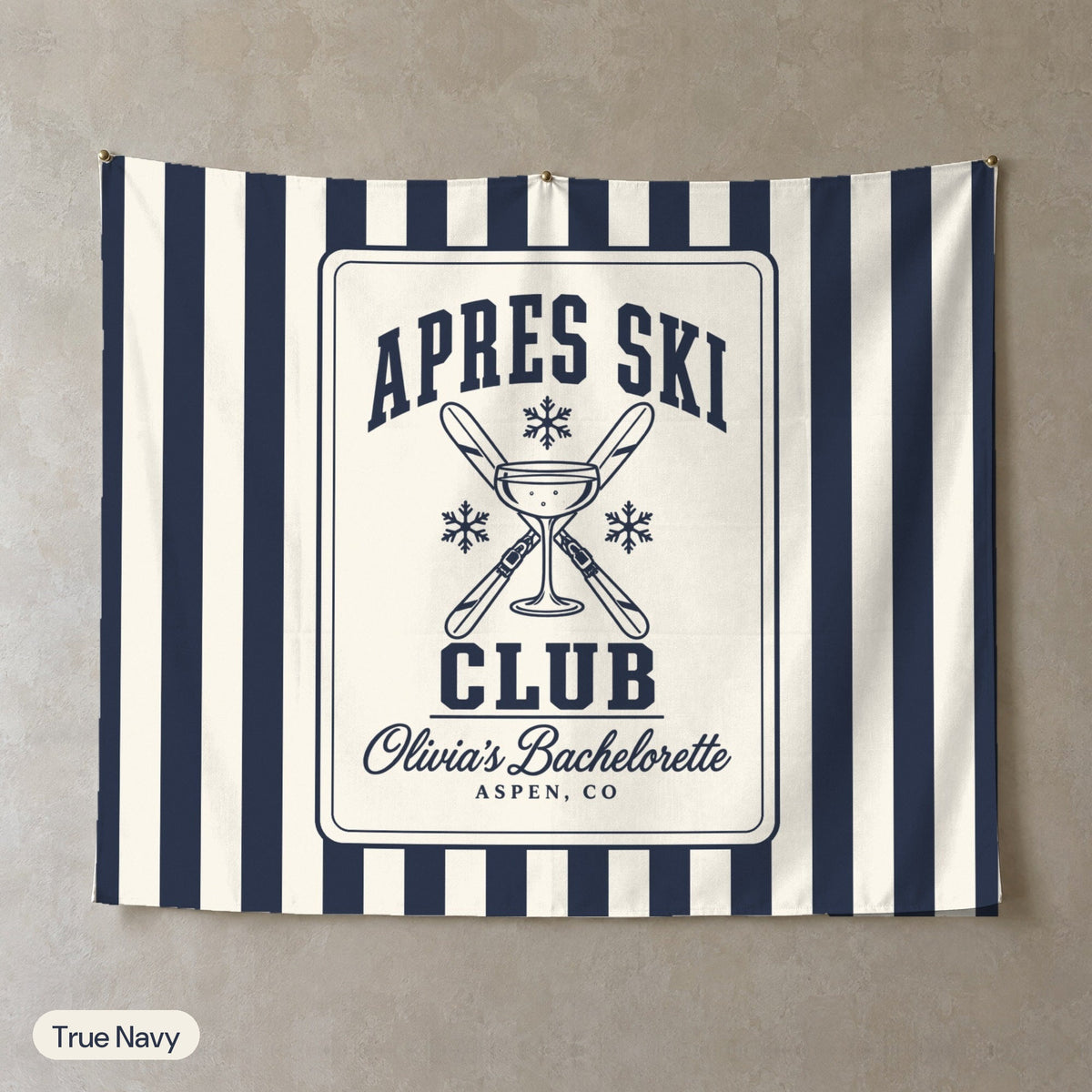 Apres Ski Club personalized wall tapestry, True Navy stripes