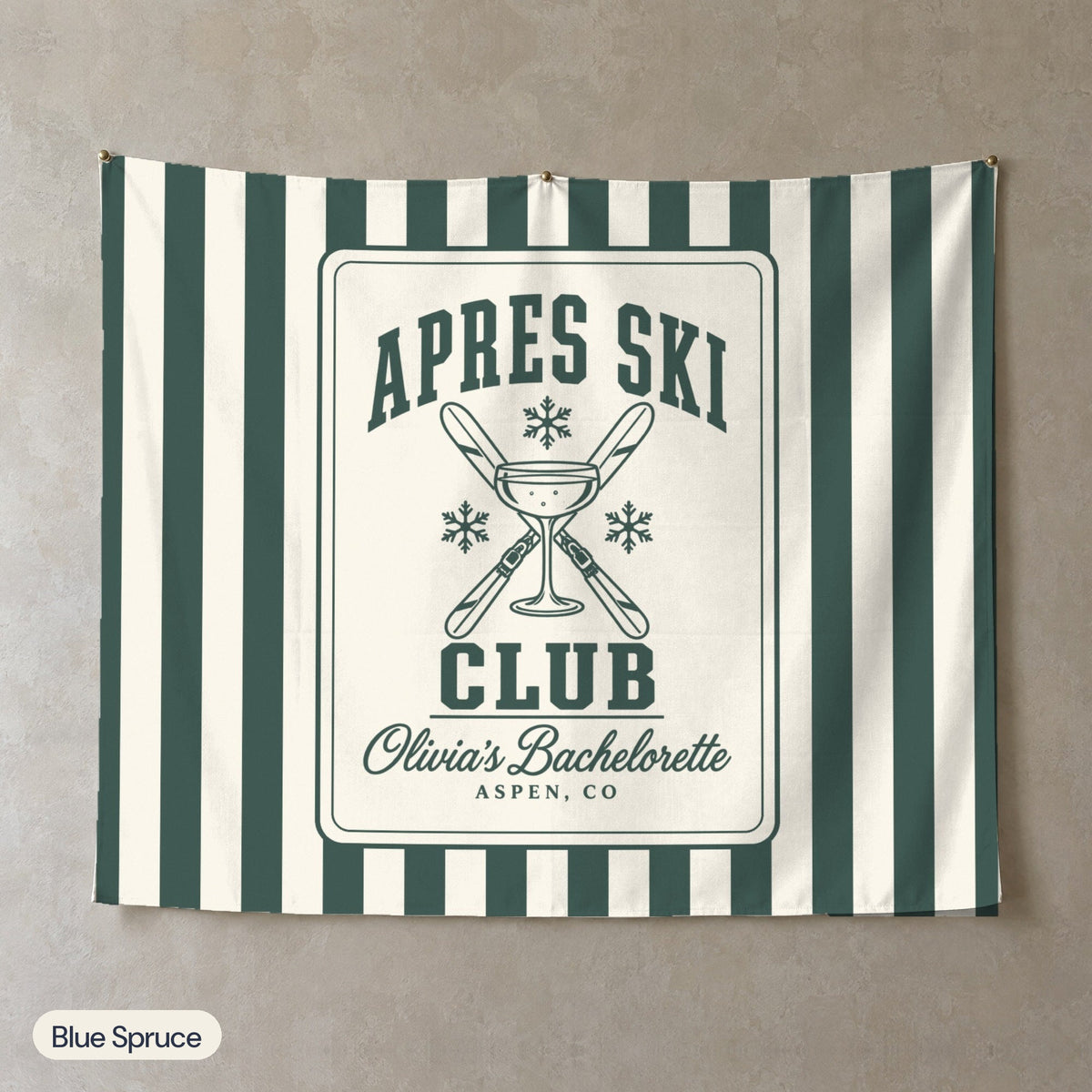 Apres Ski Club personalized wall tapestry, Blue Spruce stripes