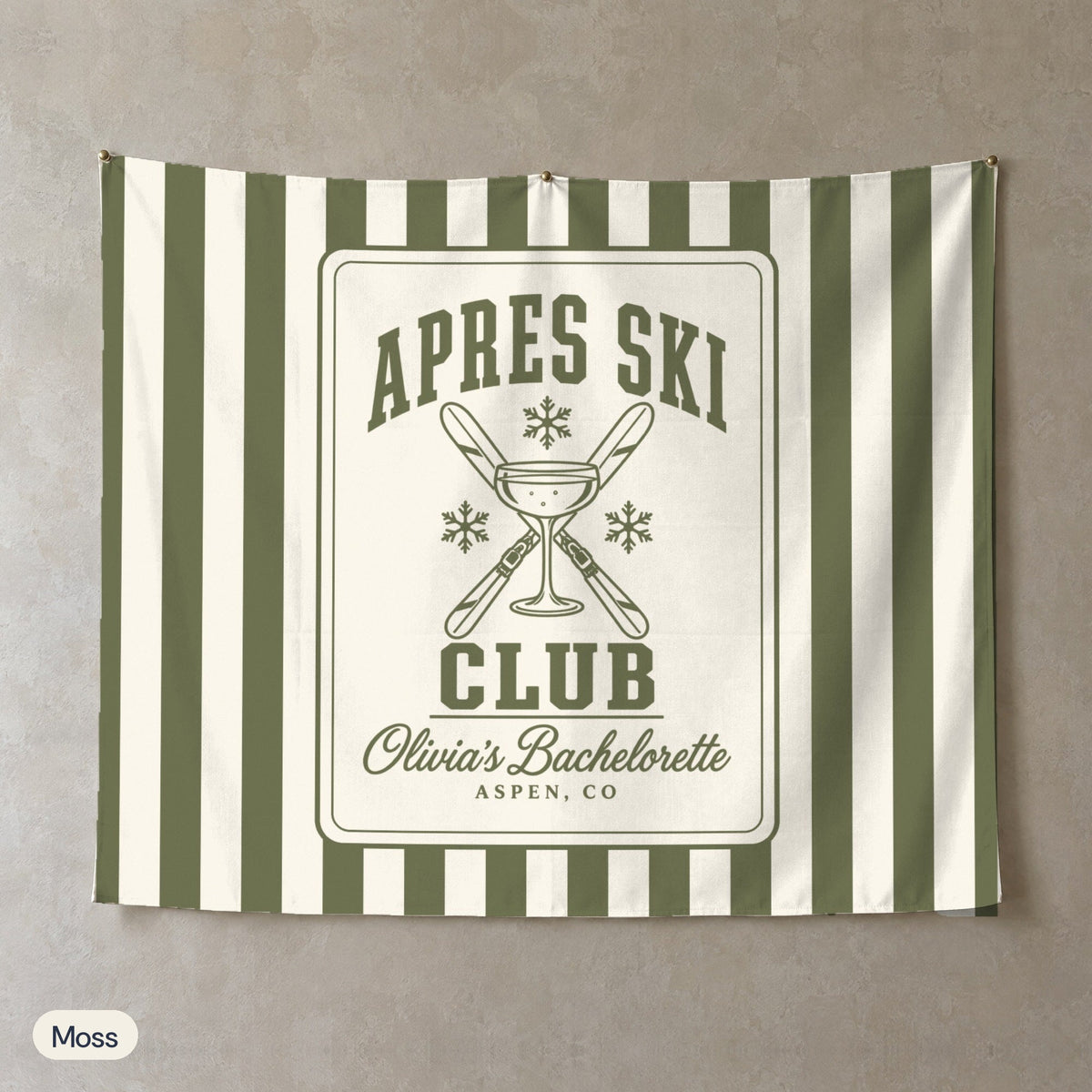 Apres Ski Club personalized wall tapestry, Moss stripes