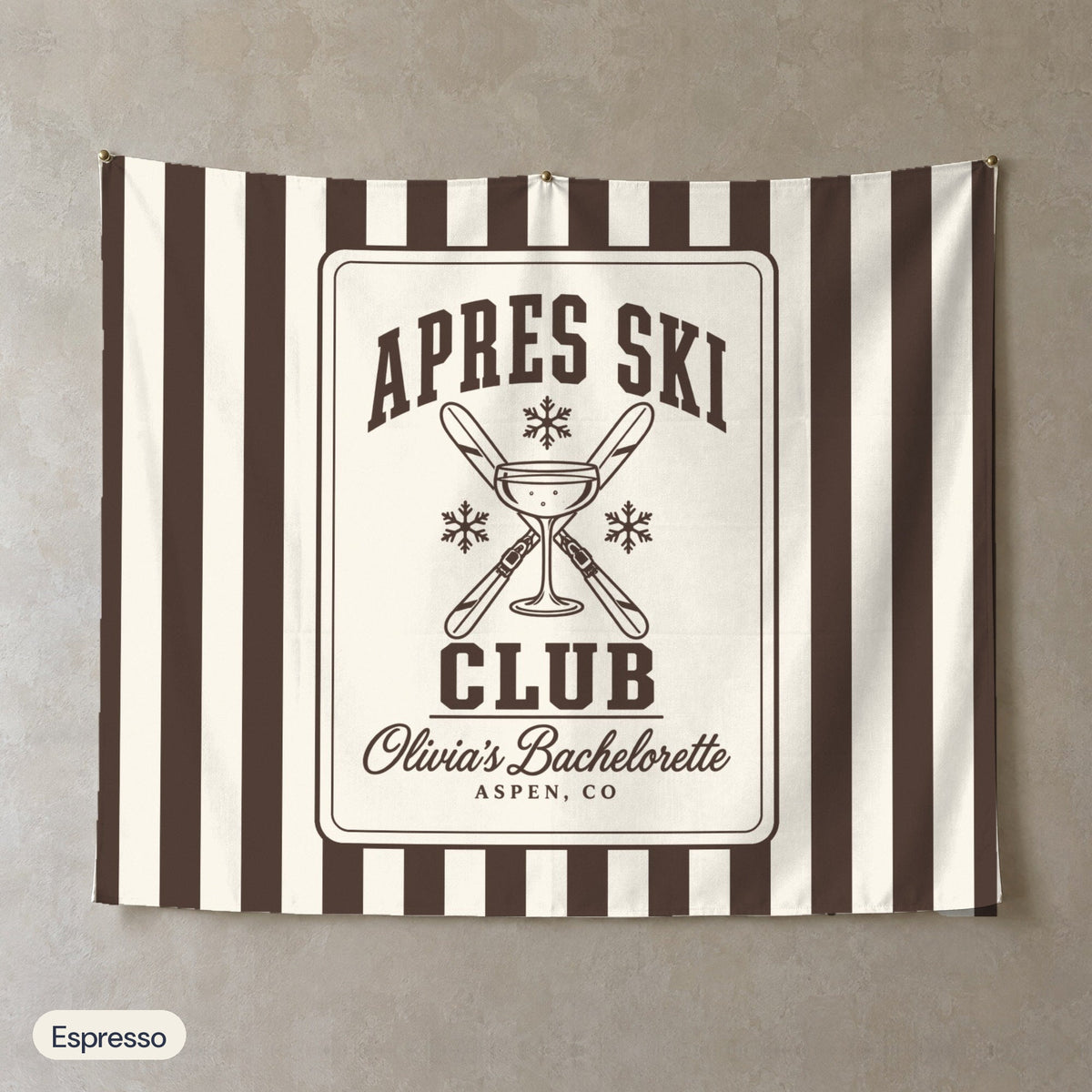 Apres Ski Club personalized wall tapestry, Espresso stripes