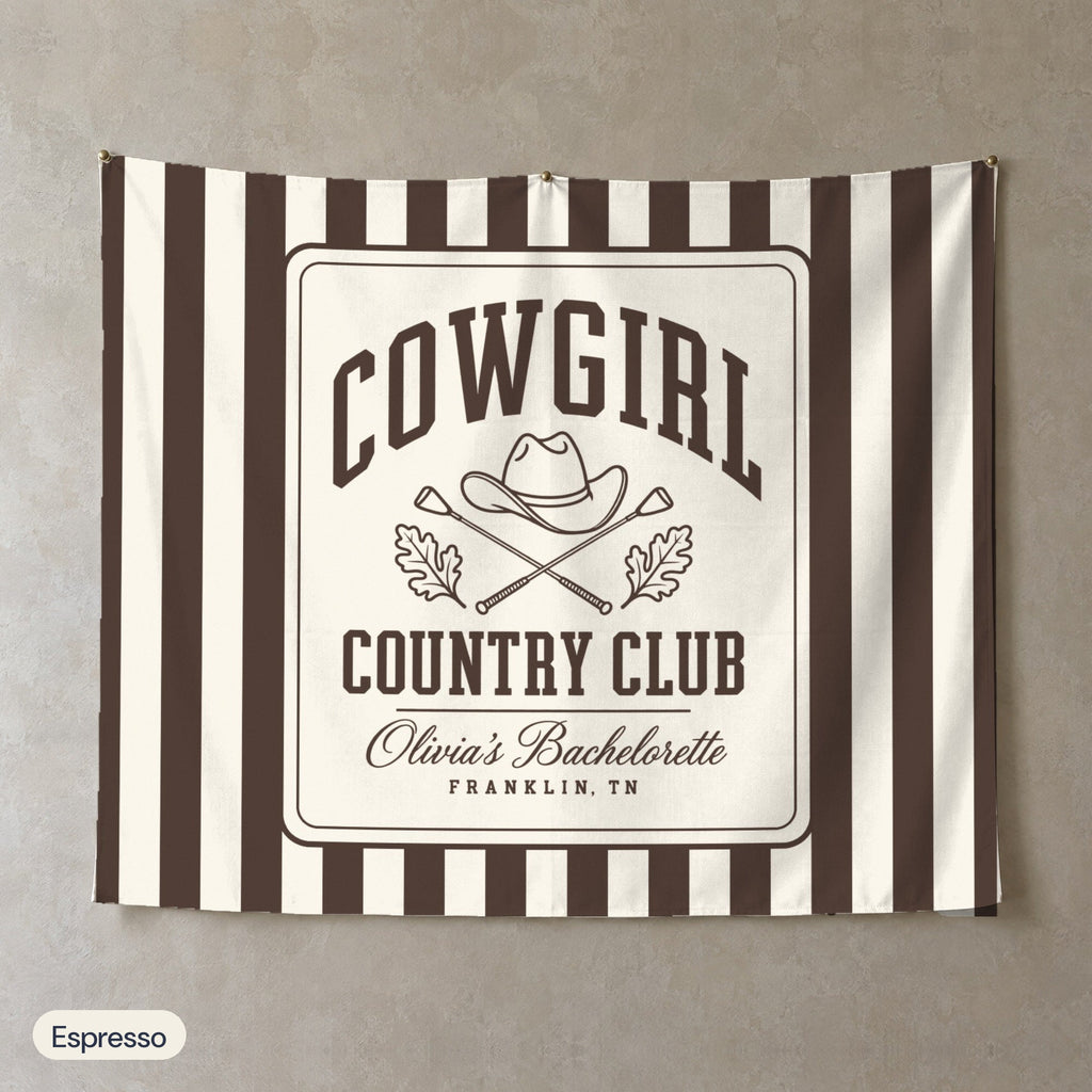 Cowgirl Country Club personalized wall tapestry, Espresso stripes