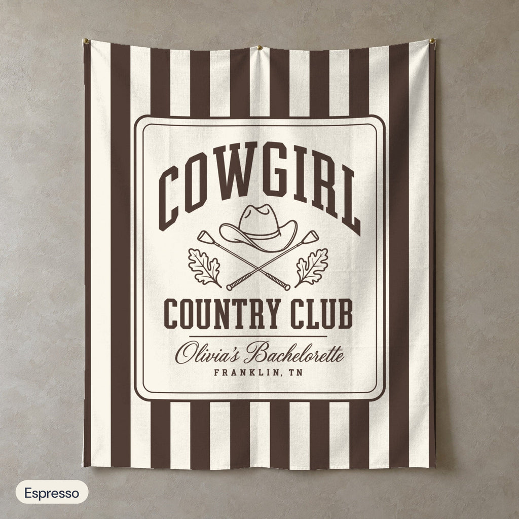 Cowgirl Country Club personalized wall tapestry in portrait, Espresso